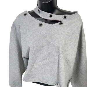 NEW Kady Luxe Dog Collar Pullover Sweatshirt Raw Hem Crop Heather Gray Womens L